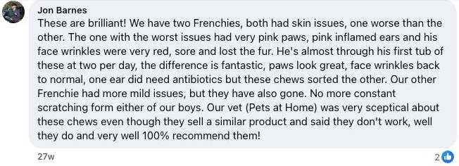 Genuine Facebook customer comment screenshot